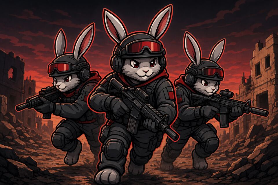 Illustration: drei Hasen-Soldaten im Bummsbunnys-Stil rücken gemeinsam durch eine zerstörte Stadt vor